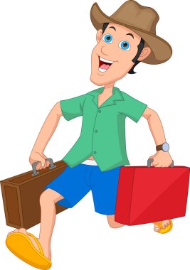 happy young man carrying suitcase