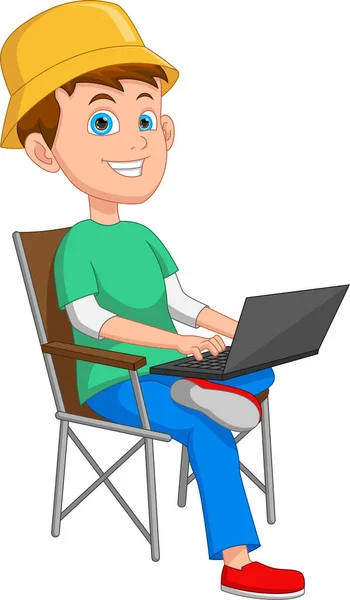 Šťastný Chlapec Sedí Laptopem — Stockový vektor