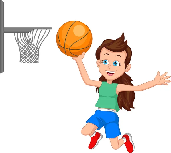 Cartoon Cute Girl Playing Basketball — Vetor de Stock