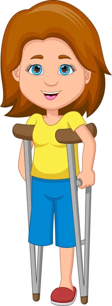 Happy Pretty Disabled Girl Using Crutches — Stock Vector