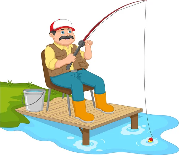 Happy Man Fishing Lake Wooden Pier — Stock Vector