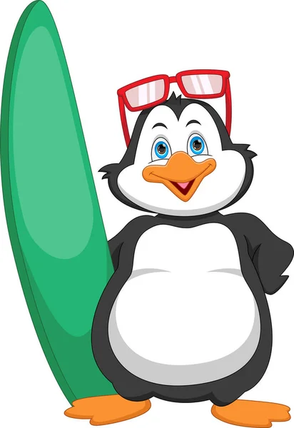 Mignon Pingouin Avec Une Planche Surf — Image vectorielle