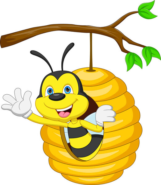 cute bee cartoon waving from inside the bee hive