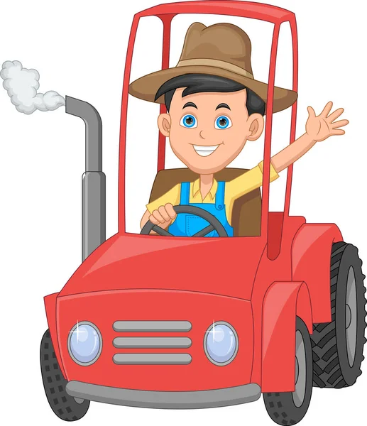 Niño Dibujos Animados Conduciendo Tractor — Vector de stock