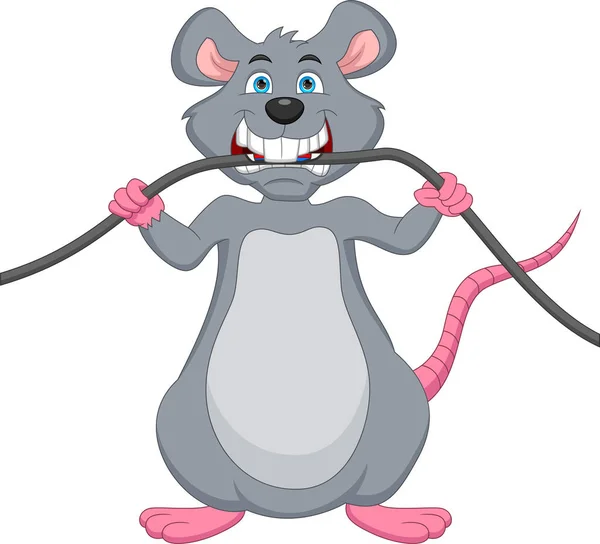 Lindo Ratón Mordiendo Cable Alimentación Dibujos Animados — Vector de stock