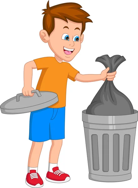 Boy Throws Garbage Garbage Bin — Stock Vector