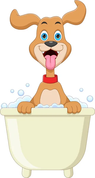 Cartoon Schattig Hond Baden Badkuip Witte Achtergrond — Stockvector