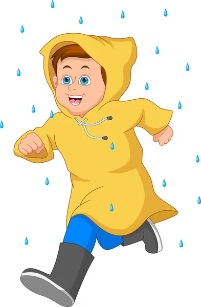 雨の中レインコートやブーツを履いた可愛い男の子 — ストックベクタ