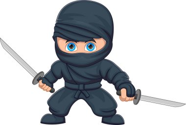 Ninja beyaz arka planda kılıç karikatürü tutuyor.