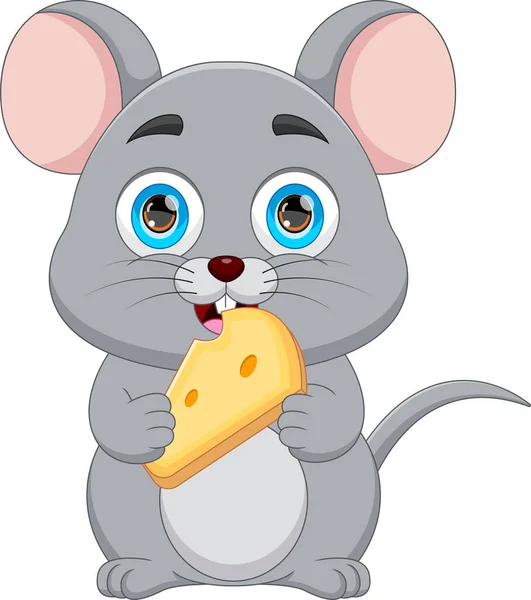 Dibujos Animados Lindo Ratón Comer Queso — Vector de stock