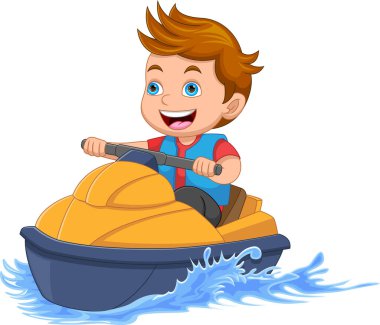 Çizgi film mutlu küçük çocuk jet ski sürüyor.