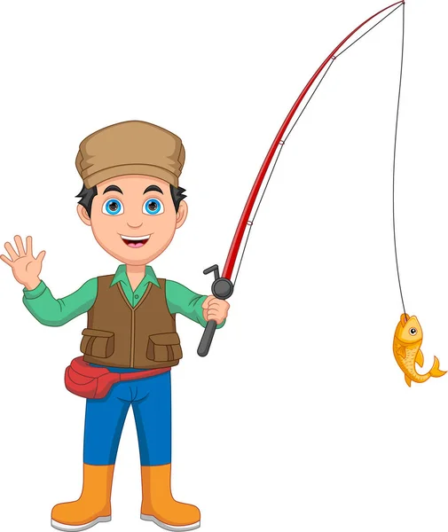 Fisherman Catch Fish Fishing Rods Cartoon — Image vectorielle