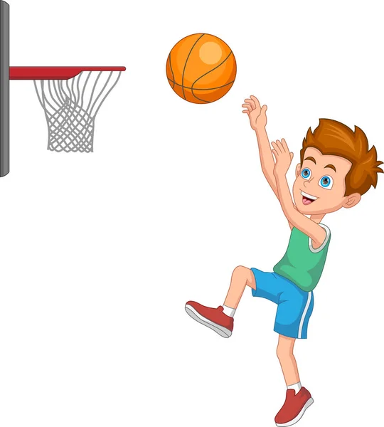 Cartoon Little Boy Playing Basketball — Stock Vector