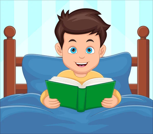 Little Boy Reading Book Bed — Stock Vector