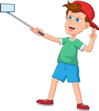 Akıllı telefonuyla selfie çeken şirin bir çocuk.