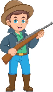Güzel avcı çocuk elinde tüfek karikatürü tutuyor.