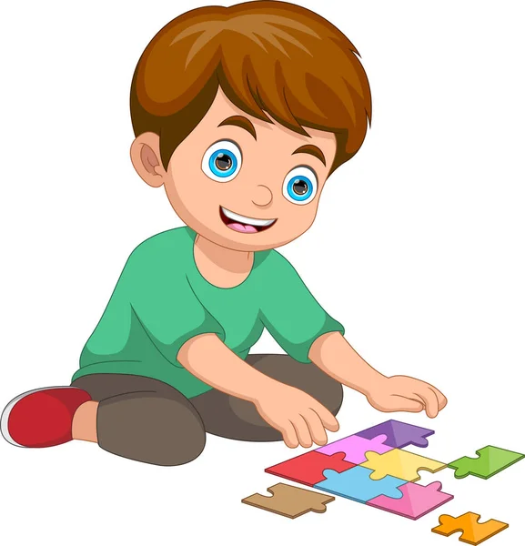 Boy Playing Puzzle Cartoon — Stock Vector