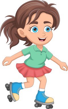 Küçük kız paten karikatürü oynuyor.