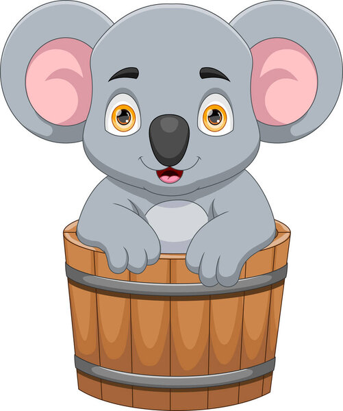Cheerful koala in a wooden bucket cartoon