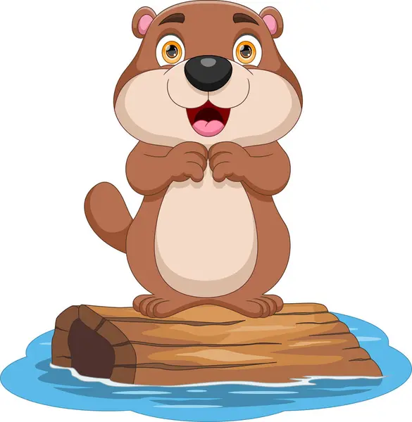 Cute Beaver Standing Wooden Log Cartoon — Stock Vector