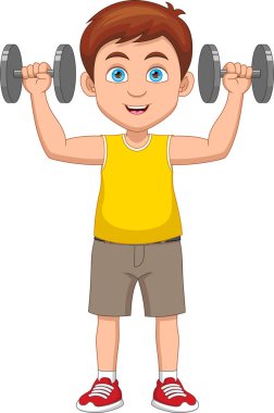 Dambıllarla egzersiz yapan küçük çocuk.