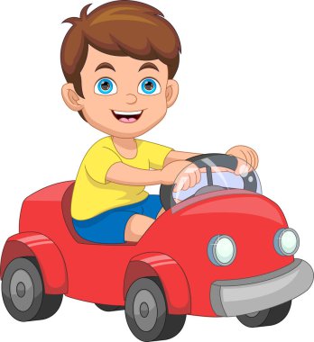 Oyuncak araba karikatürü kullanan sevimli küçük çocuk.