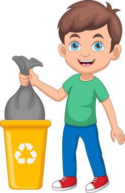 Çocuk çöpü çöp torbasıyla geri dönüşüm kutusuna atıyor.