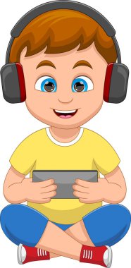 Çocuk cep telefonuyla oynuyor ve kulaklık takıyor.