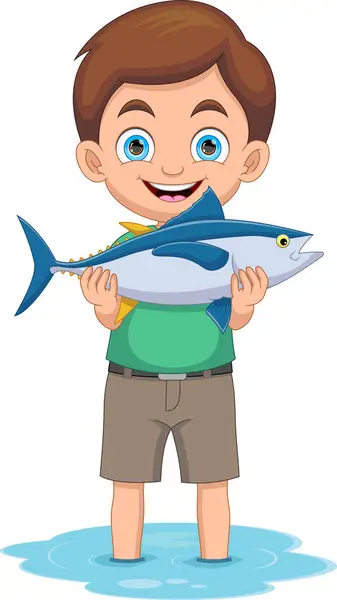 Kleiner Junge Zeigt Dass Einen Dicken Fisch Fluss Hat Cartoon — Stockvektor