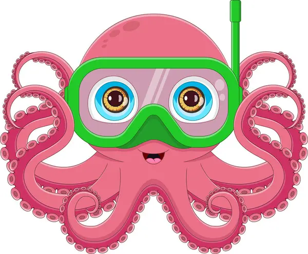 Cute Snorkeling Octopus Cartoon — Stock Vector