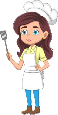 Güzel şef kız elinde spatula tutuyor.
