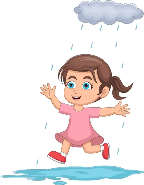Niedliches Kleines Mädchen Spielt Regen Cartoon Stockvektor