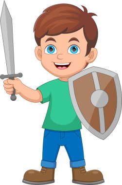 Kılıç ve kalkan tutan küçük çocuk.