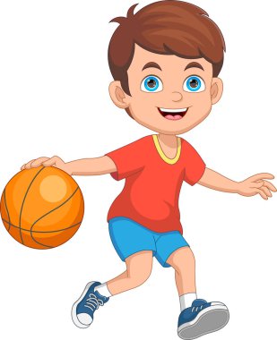 Beyaz arka planda basketbol oynayan küçük çocuk.