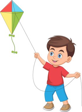 Küçük çocuk beyaz arka planda uçurtma oynuyor.