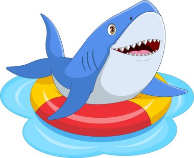 Şirin köpekbalığı şişme yüzük çizgi filmiyle oynuyor.