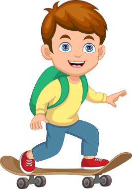 Beyaz arka planda kaykay süren okul çocuğu.