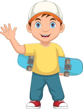 Kaykaycı çocuk elinde kaykayla el sallıyor.