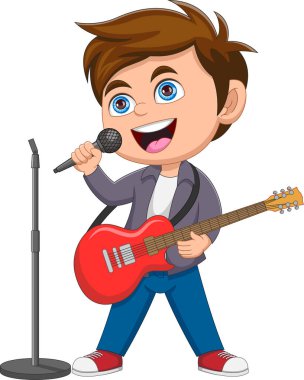 Gitar çalıp şarkı söyleyen tatlı çocuk.