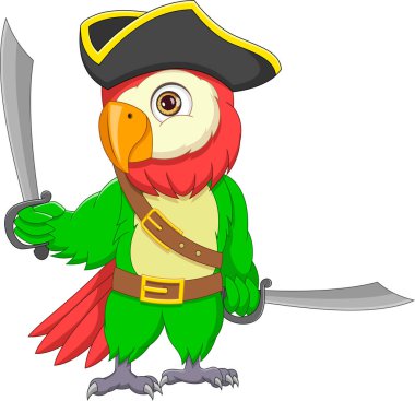 Çizgi film sevimli korsan papağanı kılıç tutuyor.