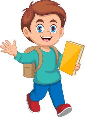 Çizgi film sevimli okul çocuğu el sallıyor.