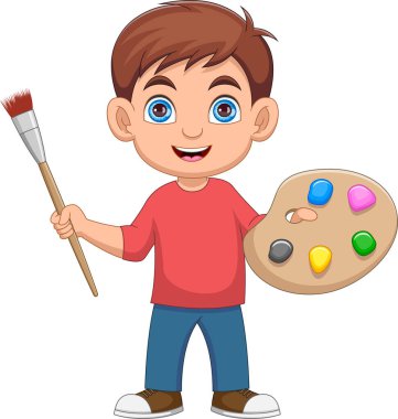 Beyaz arka planda çizgi film ressamı çocuk.