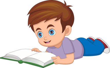 Yerde yatarken kitap okuyan sevimli küçük çocuk.