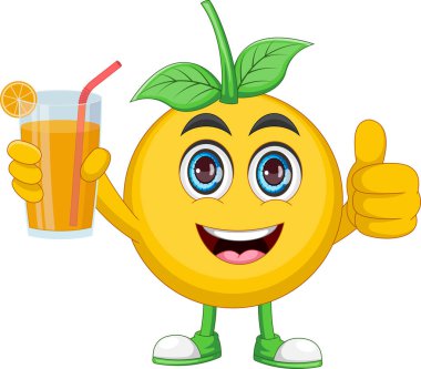 karikatür sevimli portakal suyu ve cam içinde portakal suyu