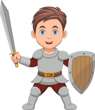 Şövalye kostümü giymiş, elinde kılıç ve kalkan tutan küçük bir çocuk.
