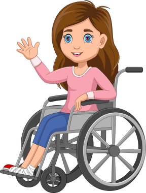 Tekerlekli sandalyede bacağı kırık bir kız.