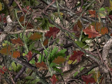 Realistic forest camouflage.Seamless pattern. Tree, branches, green and brown oak leaves. Useable for hunting and military purposes.                          