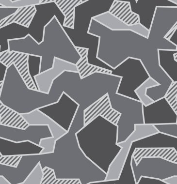 Kentsel kamuflaj, çokgen şekilli ve beyaz köşegenli kusursuz desen. Siyah, beyaz ve gri renk.