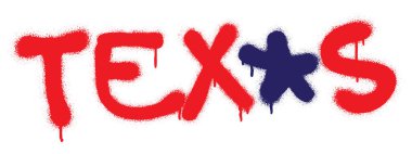 Grafiti kırmızı etiket TEXAS ve mavi yıldız beyaz üzerine.