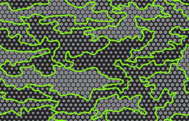 Kentsel kamuflaj kusursuz desen. Gri altıgen (bal peteği) dokusu ve yeşil neon çizgileri. Siyah arkaplan.